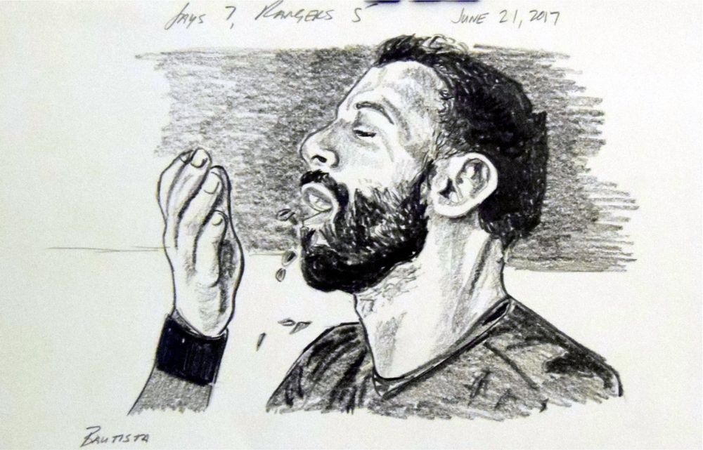 Pencil sketch of Jose Bautista eating sunflower seeds.
