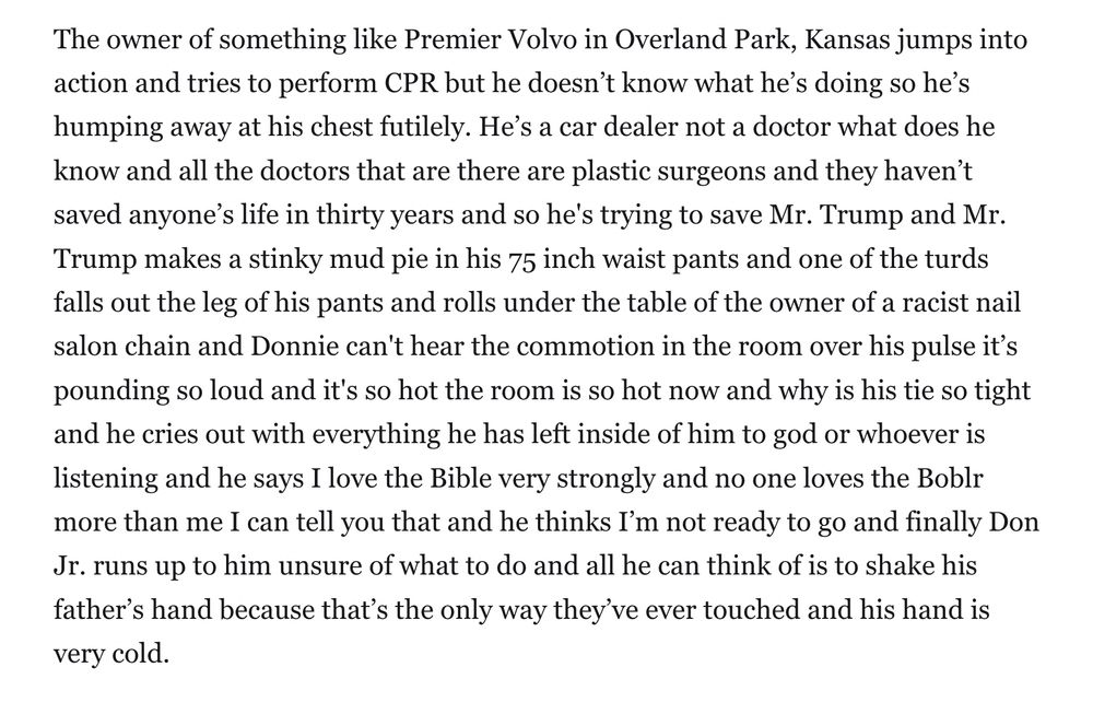 The owner of something like Premier Volvo in Overland Park, Kansas jumps into action and tries to perform CPR but he doesn’t know what he’s doing so he’s humping away at his chest futilely. He’s a car dealer not a doctor what does he know and all the doctors that are there are plastic surgeons and they haven’t saved anyone’s life in thirty years and so he's trying to save Mr. Trump and Mr. Trump makes a stinky mud pie in his 75 inch waist pants and one of the turds falls out the leg of his pants and rolls under the table of the owner of a racist nail salon chain and Donnie can't hear the commotion in the room over his pulse it’s pounding so loud and it's so hot the room is so hot now and why is his tie so tight and he cries out with everything he has left inside of him to god or whoever is listening and he says I love the Bible very strongly and no one loves the Boblr more than me I can tell you that and he thinks I’m not ready to go and finally Don Jr. runs up to him unsure of what to do and all he can think of is to shake his father’s hand because that’s the only way they’ve ever touched and his hand is very cold.
