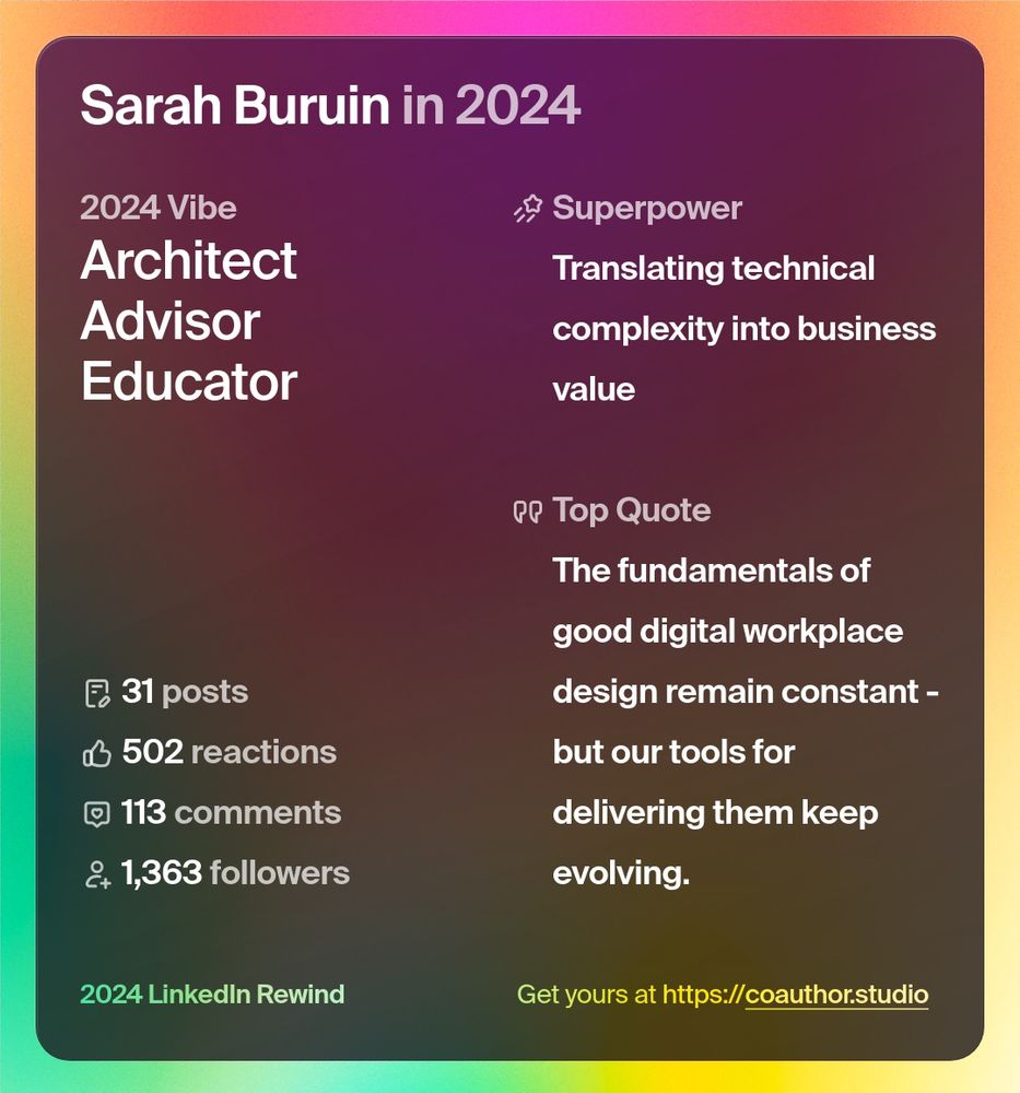 The fundamentals of good digital workplace design remain constant - but our tools for
delivering them keep evolving.
2024 LinkedIn Rewind
Get yours at https://coauthor.studio