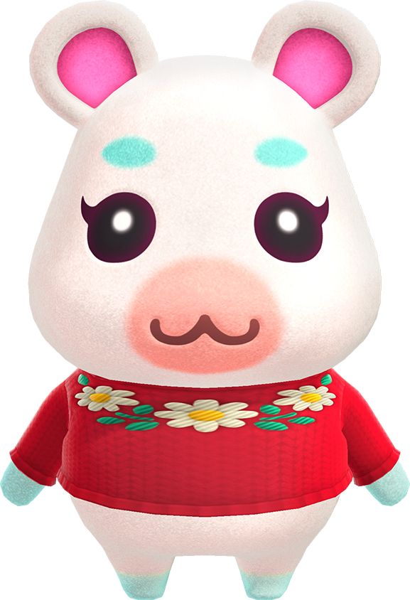 Flurry the hamster from the Animal Crossing video game series - a white hamster with light blue paws and eyebrows and a peach muzzle and bright pink inner ears wearing a red sweater with white flowers along the neckline