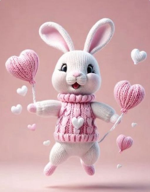 A white rabbit surrounded by hearts