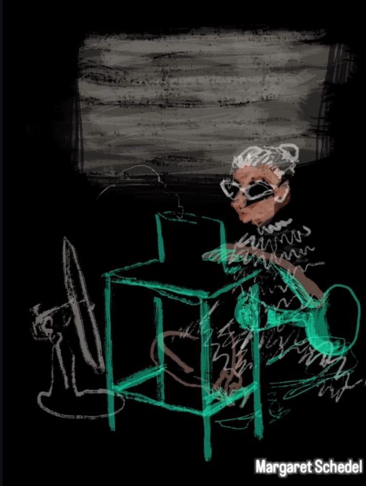 The image is a stylized digital drawing featuring a person seated at a desk with a computer. The figure, outlined in sketchy strokes, appears to be wearing glasses and has white or light-colored hair styled in a bun. The person seems focused on their work, with their face softly lit by the screen.

Key elements in the drawing:

The desk and chair are highlighted with bright teal lines.

There is a dark background with a textured gray area behind the subject, showing screen which had a manipulated spectrogram.

On the left side, there's a loosely drawn figure of an analog siren

The person is interacting with a drum.
