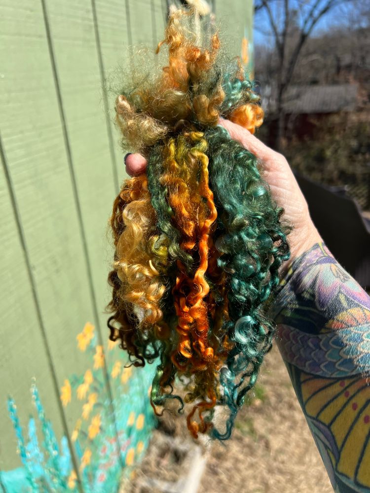 Hand dyed long Wensleydale wool locks dyed in copper gold and teal 