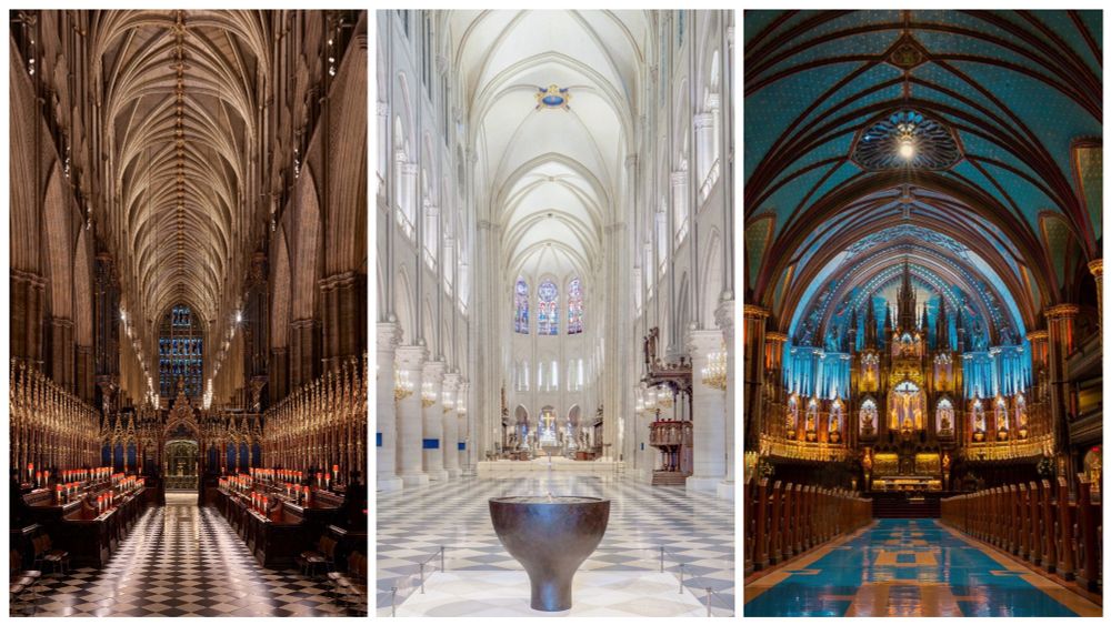 Westminster à gauche, Notre-Dame-de-Paris rénovée au centre et Notre-Dame à Montréal à droite