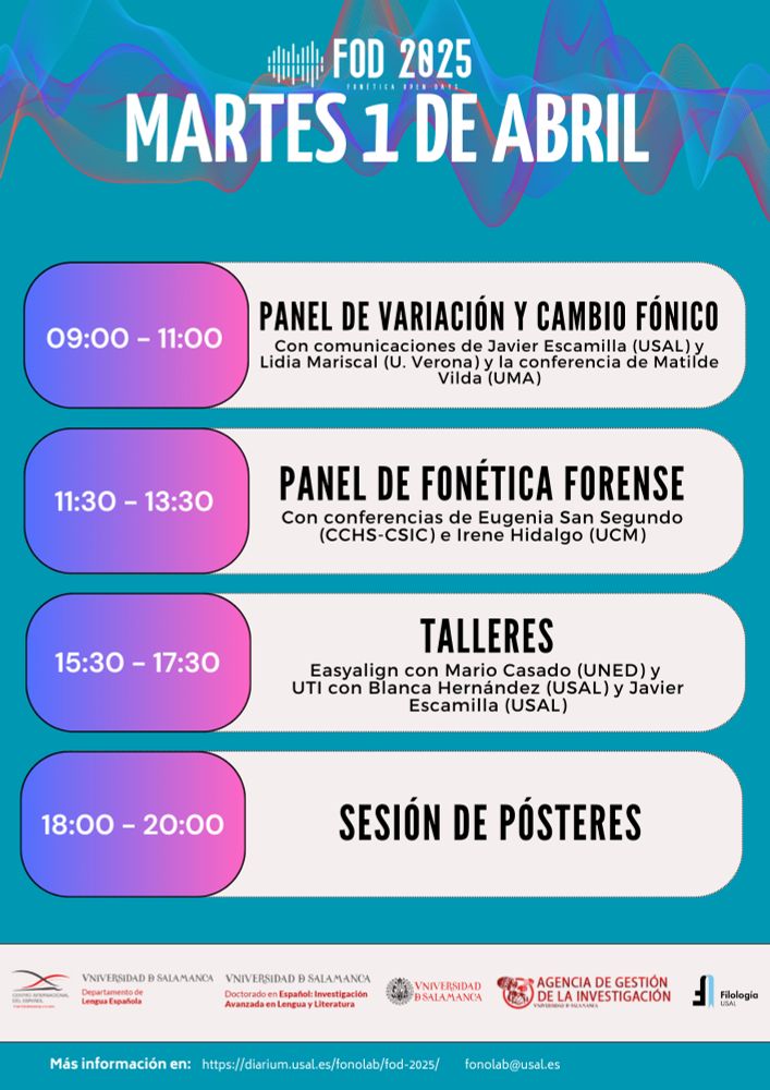 Cartel con el programa del martes 1 de abril de los Fonéticas Open Days 2025. Incluye un panel sobre variación y cambio fónico, otro sobre fonética forense, talleres de Easyalign y UTI y una sesión de pósteres al final de la jornada. Participan Javier Escamilla, Lidia Mariscal, Matilde Vilda, Eugenia San Segundo, Irene Hidalgo de la Guía, Mario Casado y Blanca Hernández (además de todas las personas que presentan sus pósteres).