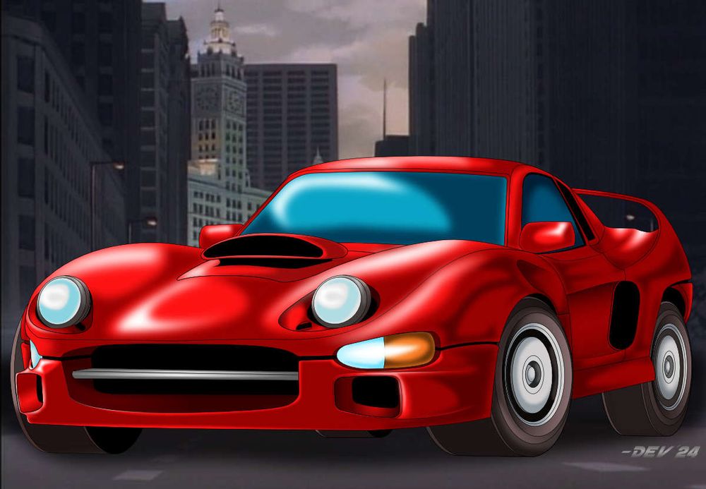 The Roadbuster (a red, souped-up sports car) sitting ready on a Chicago street.
