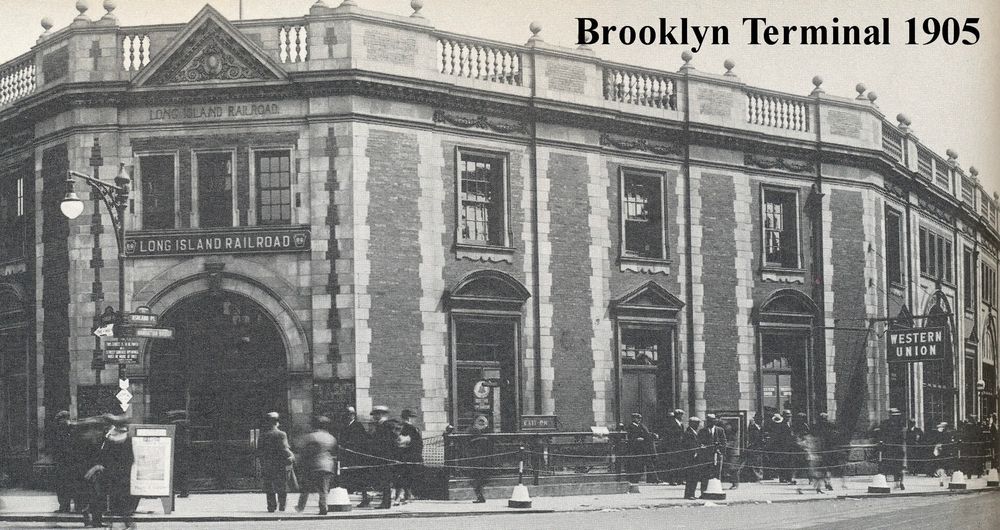 A black and white photograph of Brooklyn Terminal in 1905, with people walking past. 