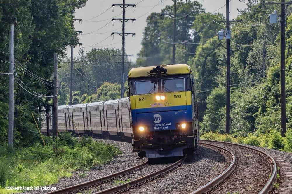 An LIRR diesel train running along the tracks amid the greenery during the daytime. 
