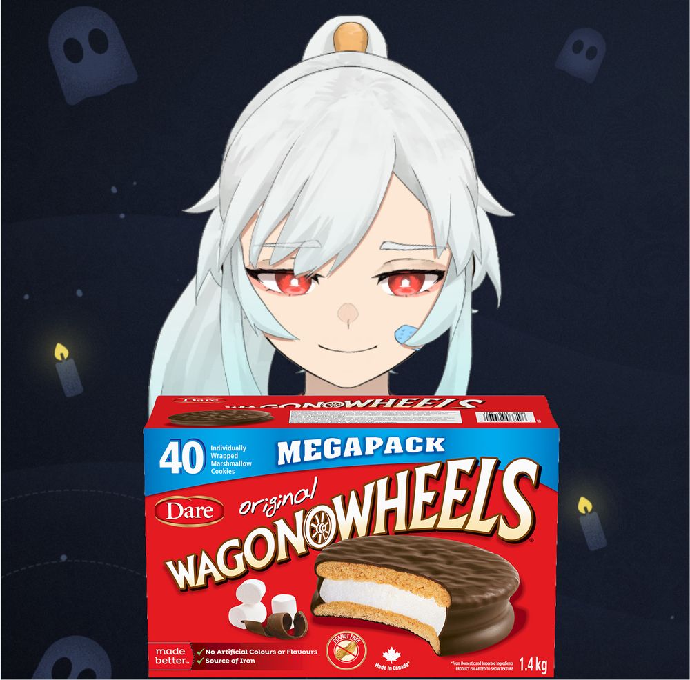 A pic of Airin's model smiling behind a megapack box of Dare brand "Wagon Wheels".