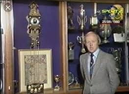 Tony Gubba in Everton's trophy room next to a space they'd made for the European cup which contains a cuckoo clock.