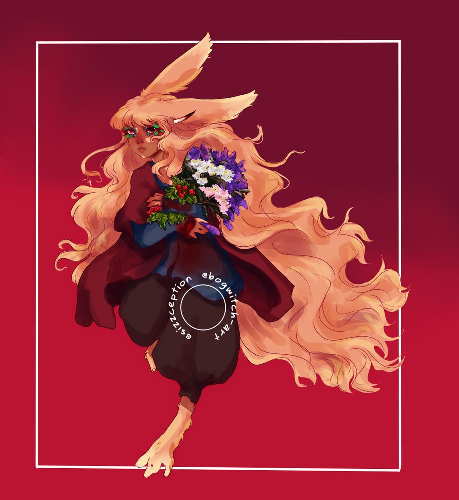 a dark, red themed pick of khor, a trans nb (he/him) viera/xaela. his long, strawberry blonde hair streams behind him as he runs, expression panicked, and arms full of herbs -- sage, white and pink yarrow, and red raspberry leaves. his clothes -- a blue tunic under an brown top, and black pants, are covered in dried blood.