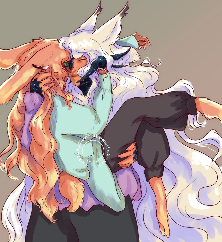 a sweet pic of khor (a trans nb vie'ra mix with long, messy strawberry blonde hair, tail, and peets, tan skin, and blue-green and red feathers around his eyes, along with padjal like horns in his hair) and jai (a miqo'ra man with long white hair, light tan skin, and blue scales with star like patterns on them). jai holds khor, smiling, one hand under his legs, the other behind him, fingers tangled in his hair as the two press foreheads/noses together. khor loops an arm behind jai, and the opposite props up, fingers curled in jai's hair and around his horn. jai wears a lilac tunic and dark pants, and khor wears a seafoam green tunic, and dark pants.