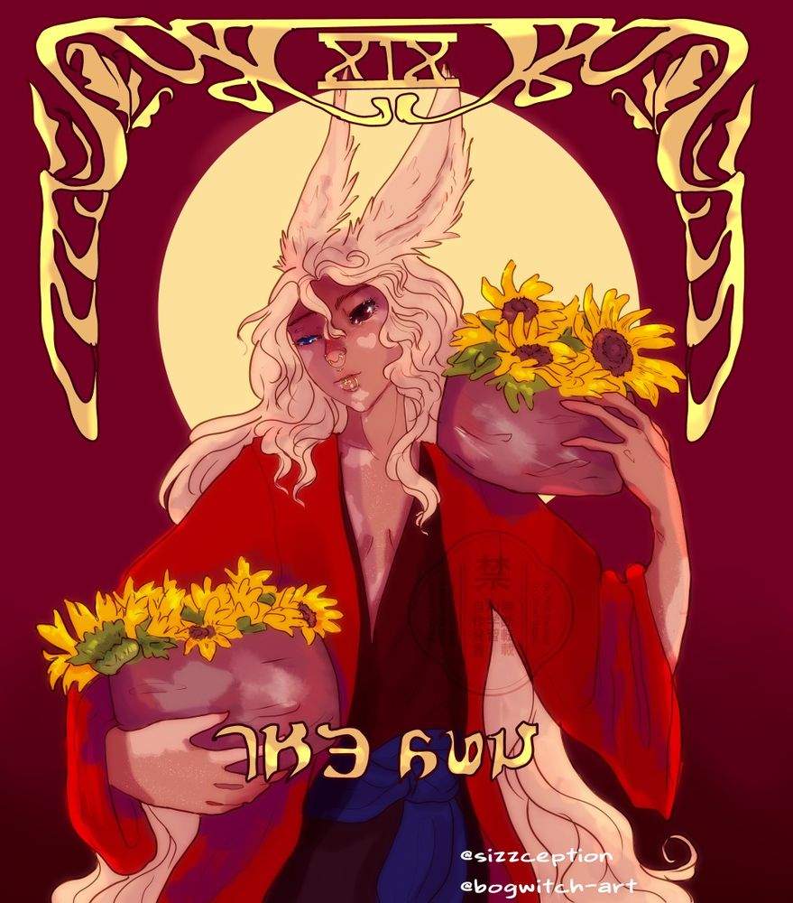 A rendition of the tarot card 'The Sun' using the artist's OC  khor; a trans masc viera/xaela. he wears a long red robe, with dark clothes tied with a blue sash underneath, and supports two baskets of sunflowers on his hip and his shoulder with his hands. his hair is long and messy, his skin tan with vitiligo, and his eyes one brown and one prosthetic -- the eyelid droops over it. he looks off to the side with a smile. the background is a scarlet red that fades to darker at the bottom, and a sun rises behind him. in front of him is eorzean for 'the sun' and above him is a metal relief around 'XIX'