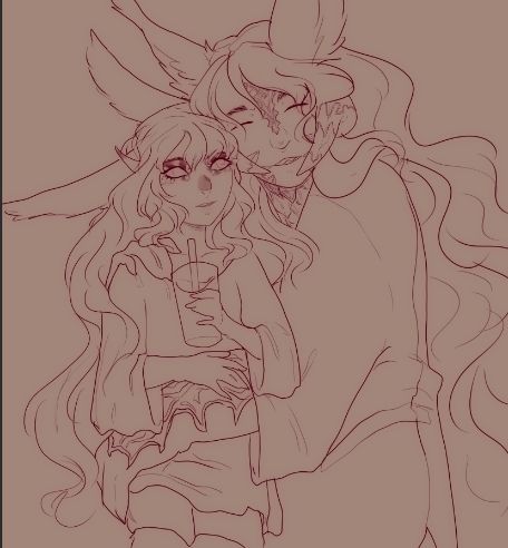 lineart of khor and jai. they stand in an embrace, jai hugging khor from behind as khor holds a  glass cup with a straw in it