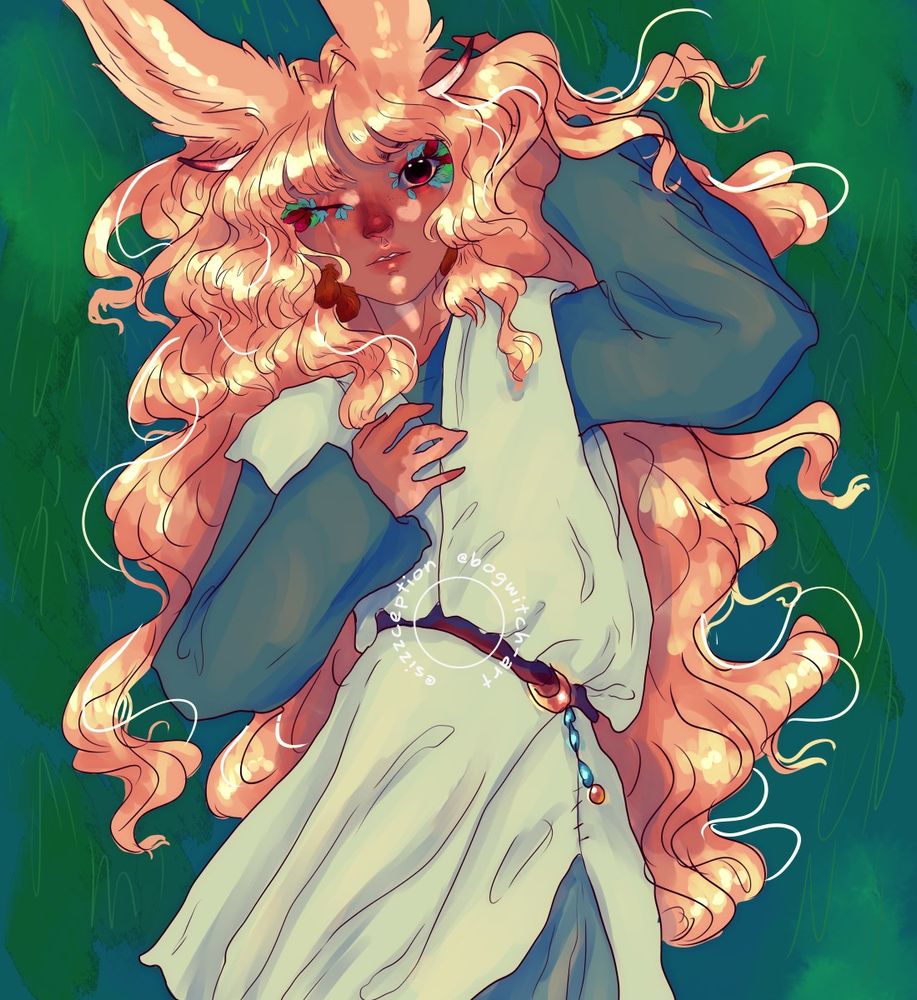a pretty pic of khor, a trans masc viera/xaela with tanned skin and vitiligo markings, padjal like horns, long strawberry blonde hair, and feathers smattered all across his face, red and blue-green and deeper red. his eyes are wide, one doe-like and deep brown with gold limbal, the other closed and without a prosthetic, showing his scar instead. he lays in a field of grass, one hand resting over his chest, the other lazily cupped near his head, covered by his hair. he wears a pale green top over a darker green tunic and pants, cinched at the waist by a brown belt with a gold buckle and blue and gold beads hanging from it. his expression is gentle and relaxed.