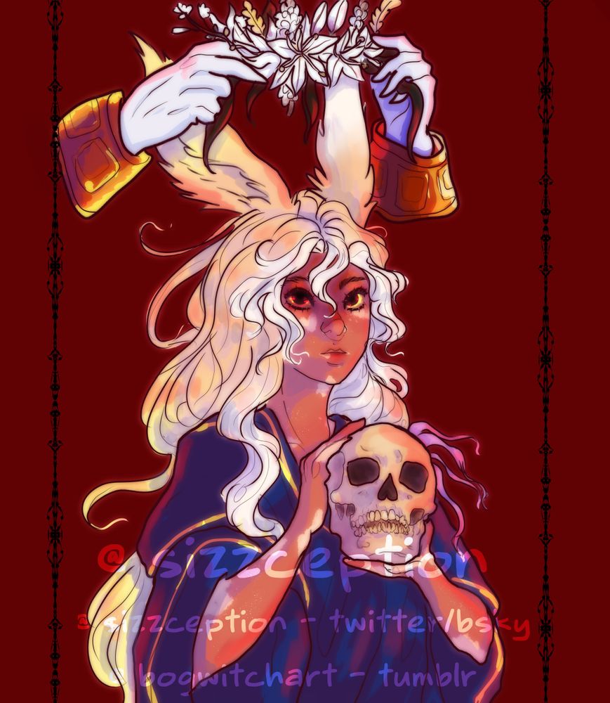 set against a red background, Khor - a trans masc viera/xaela mix, gazes upwards warily towards Emet-Selch's hands, holding a wreath of wheat and asphodel flowers. In Khor's hands, he holds Hythlodaeus' skull, with a few whisps of purple hair holding on. Khor's hair is long and blonde, his skin a tan brown, and his one eye brown with a gold limbal, the other a prosthetic with red limbal and dark iris