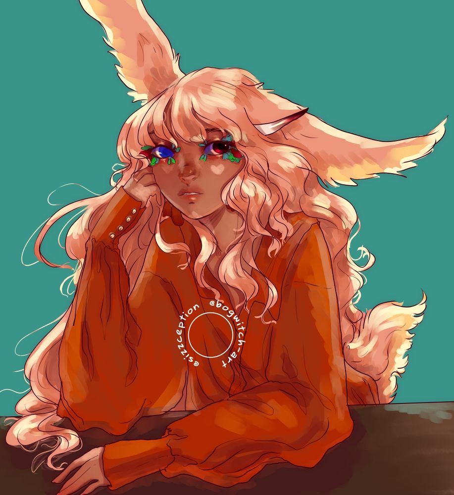 a pretty pic of khor (a trans nb viera/xaela with vitiligo, tanned skin, a brown doe-like eye with black sclera, and gold limbals, and a prosthetic blue eye with black sclera and gold limbals with blue, green, and red feathers around both eyes, and long, messy strawberry blonde hair, with padjal horns just below his viera ears.) he leans forward against a table, wearing a orange tunic with button up sleeves. one arm rests against the table, the other bends at the elbow to rest curled fingers against his cheek. his tail curls and he looks at the viewer neutral, if not slightly judgy.