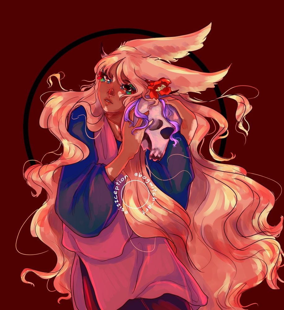 a red themed pic of khor, a trans nb (he/him) viera/xaela mixed oc with tan skin with vitilogo marks, and green, blue and red feathers around his eyes. his one eye is a prosthetic -- glowing yellow with a brown 'iris', the other is brown with a golden limbal. he has padjal like horns, one with a pomegranate flower tucked between his horn and ear. his long strawberry blonde hair flows around him as stares offscreen with scorn, holding a skull with purple hair still attached (hyth's skull) up to his ear as though listening to it. he wears a brown top over a blue tunic and dark brown pants. he stands against a dark red background with a black circle behind him.