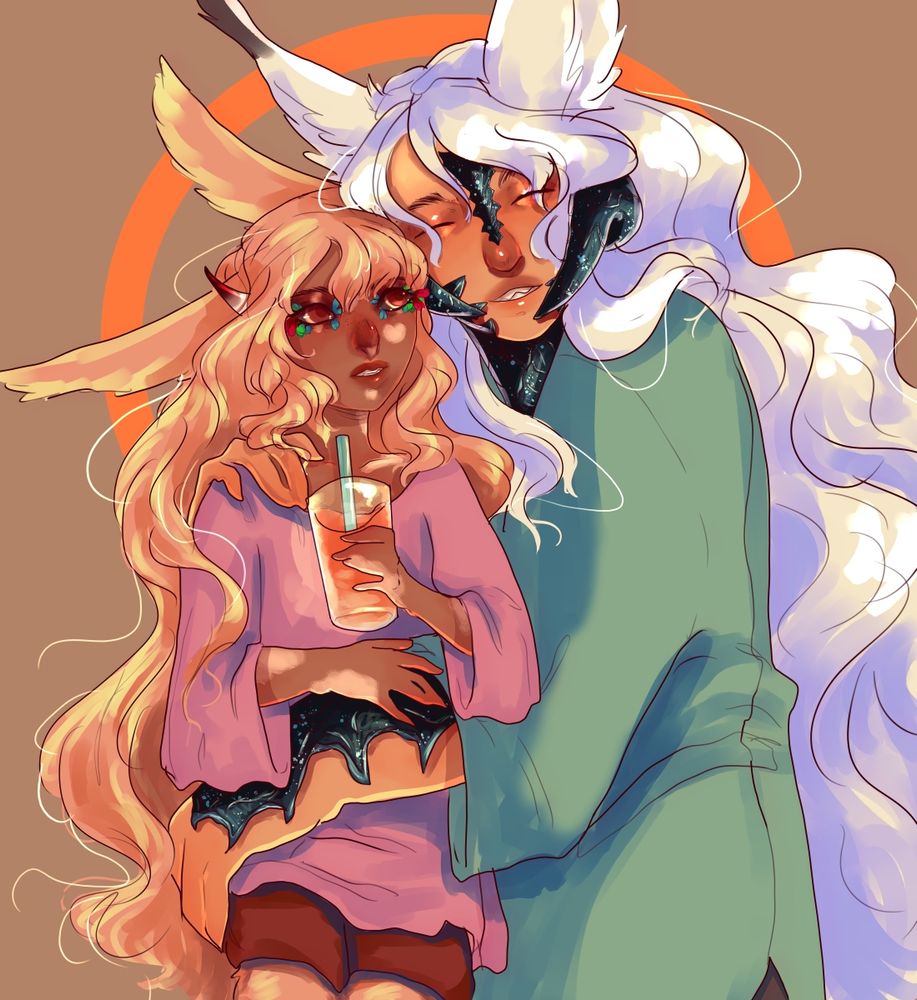 a gentle morning pic of khor and jai, a trans nb vie'ra and a miqo'ra man respectively. jai clings to khor as khor holds a glass cup full of orange juice. the two smile, talking to one another. jai wears a green tunic with gray pants beneath, and khor wears an oversized pink tunic with brown shorts