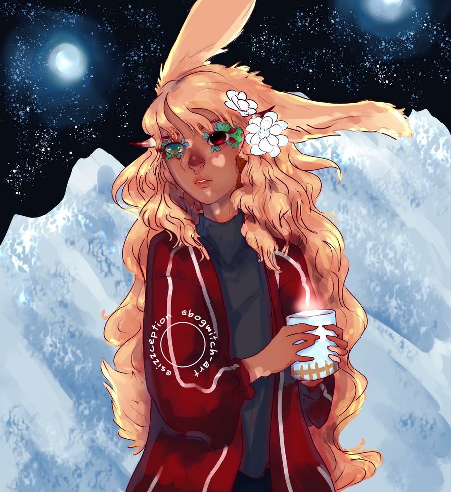 a pretty pic of khor, a trans masc viera/xaela with tanned skin and vitiligo markings, padjal like horns, long strawberry blonde hair, and feathers smattered all across his face, red and blue-green and deeper red. his eyes are sleepy and doe-like, one deep brown with gold limbal, the other a prosthetic with a gold limbal and green iris with a scar over his eye. he stands on FF14's moon, holding a ceramic mug with steam coming from it. the mug is blue and decorated with a cloud and brown fencing. khor wears a black too-big turtleneck with a red jacket with white stripes, and dark blue pants. he wears two elpis flowers -- glowing white and blue for hope, as he looks back and offscreen at something, his ears tilted in curiosity.