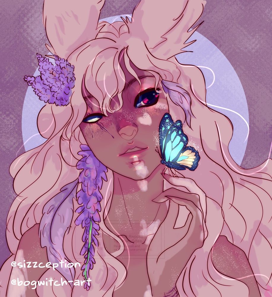 a purple themed picture of the artist's oc, khor -  a trans masc viera/xaela with long messy strawberry blonde hair, tan skin with vitiligo marks, and a brown eye with a golden limbal - the other eye droops over a prosthetic eyeball. he has lilacs and a tendril of wisteria in his hair, along with eleos' purple-pink feathers - one long one by the wisteria, the other a small fluffy tuft by his temple. he holds jai's familiar, beans - a titania themed (green and gold) morpho (patterned like a monarch) up close to his face on his gently curled fingers as he talks to the butterfly, a fond expression on his face