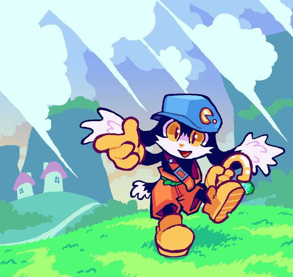 Klonoa, a cat/rabbit esque creature with black fur with a white points around his snout, ears and tail, his eyes have a yellow sclera, he wears a blue cap with a golden pacman symbol on it, alongside a pair of red shorts with a green belt, another oversized Belt/Collar worn around his shoulders, a pair of yellow gloves and shoes, in one hand is a ring with a green gem.

Klonoa is in a vaguely energetic pose, pointing finger guns at the camera with a chipper expression.

The background consists of rolling hills and massive cliff faces, clouds cover the sky moving at an odd 45% angle, the sky a faint blue fading into a yellow sunset, small houses dot the hillside along with trees