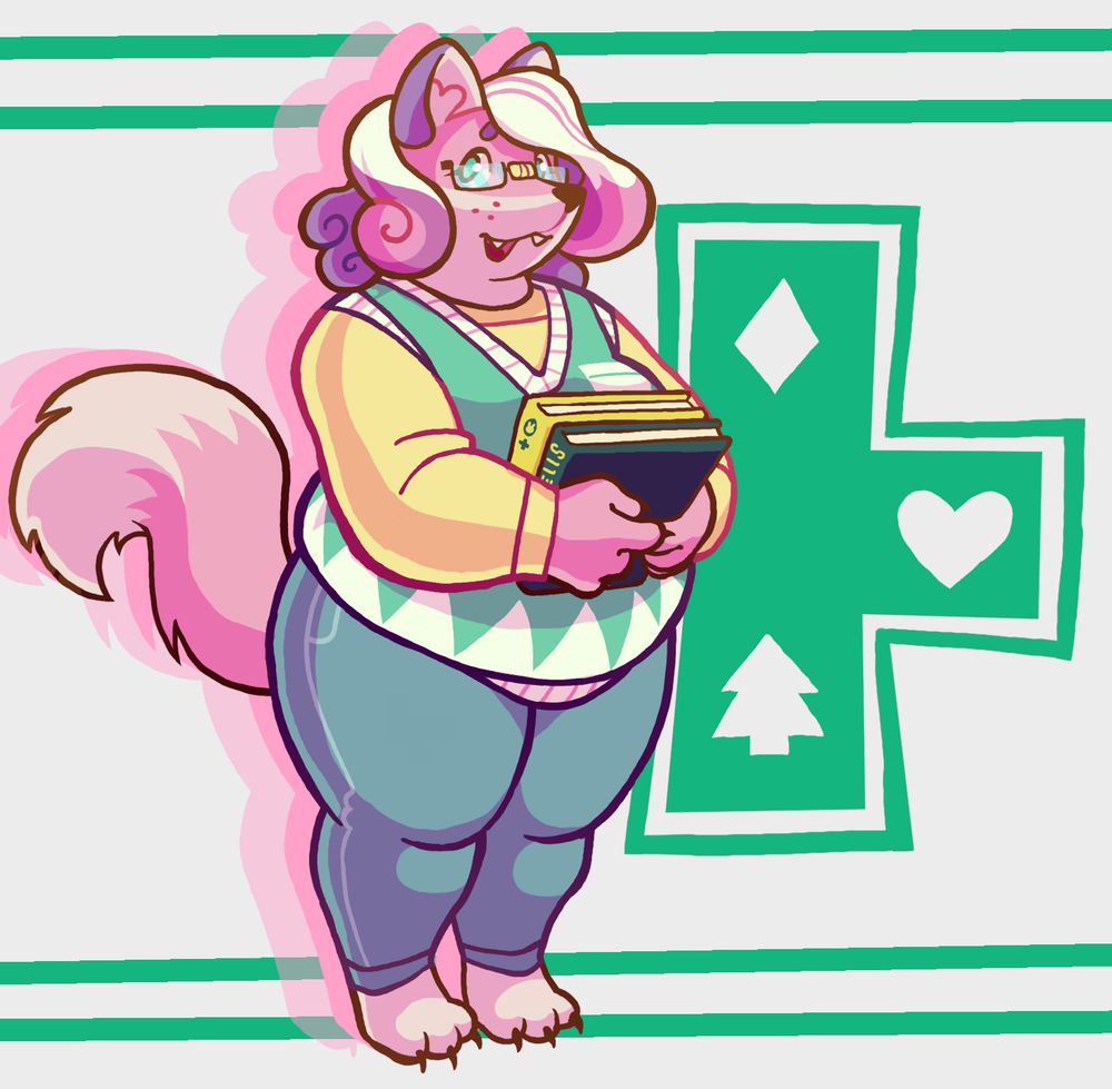 A pink fox dressed in a green sweater vest, blue jeans and a yellow undershirt and glasses, she's holding two nondescript books.

In the background is a green + symbol with a smaller diamond, heart and tree symbol at each visible end.