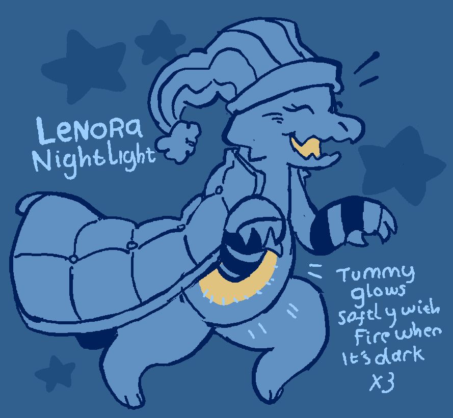 A scribbly blue sketch of a kobold wearing a nightcap and a big quilt on it's back, it's tummy and mouth are glowing bright yellow

Their name reads as "Lenora Nightlight"

Text next to them reads as "Tummy glows softly with fire when it's dark x3"