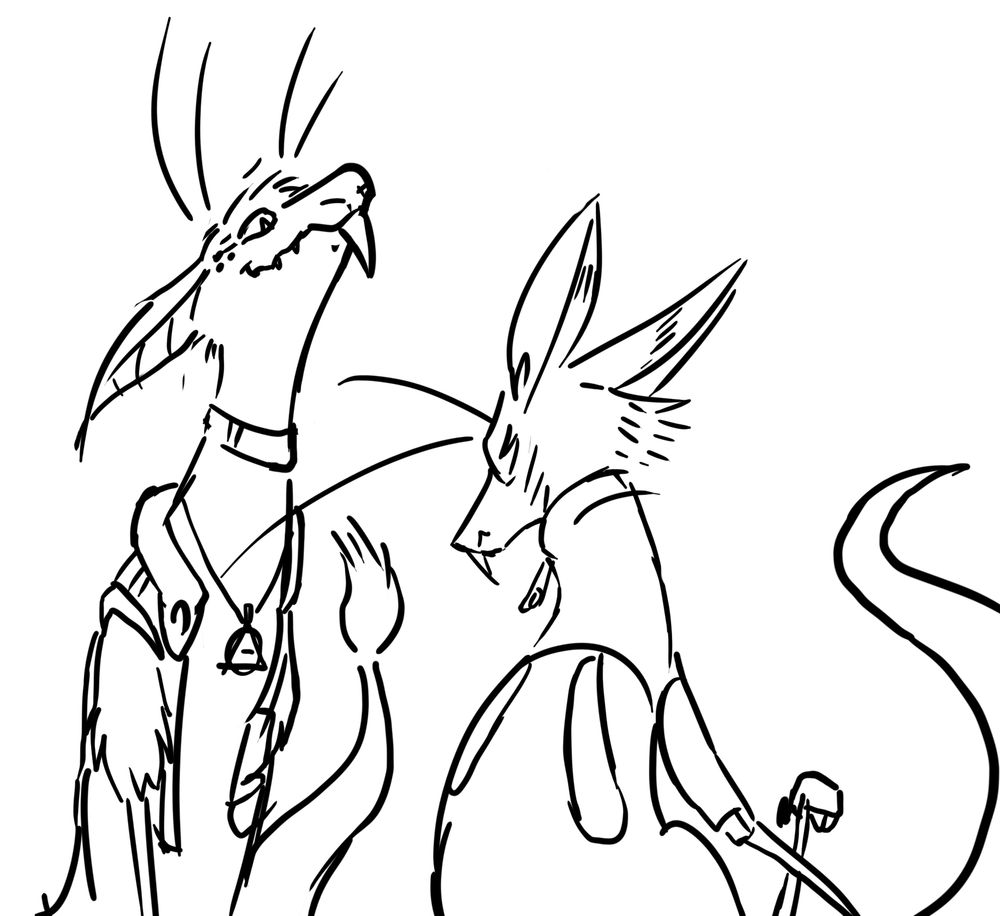 Two yinglets, one is proudly showing off it's necklace with the therian symbol on it, the other is just sort of sitting with a mildly frustrated look on it's face