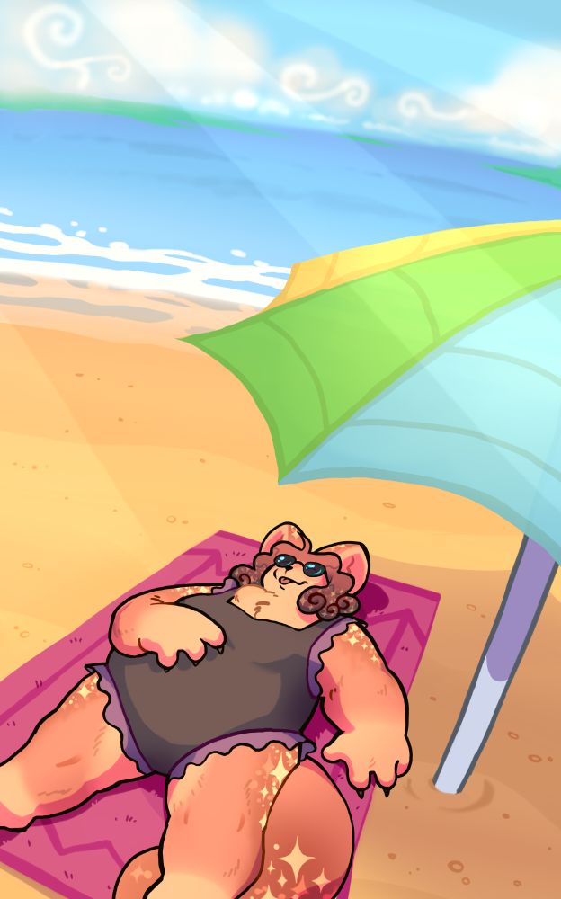A Fennec fox lays on a tower in the middle of a hot sandy beach underneath a colourful parasol.