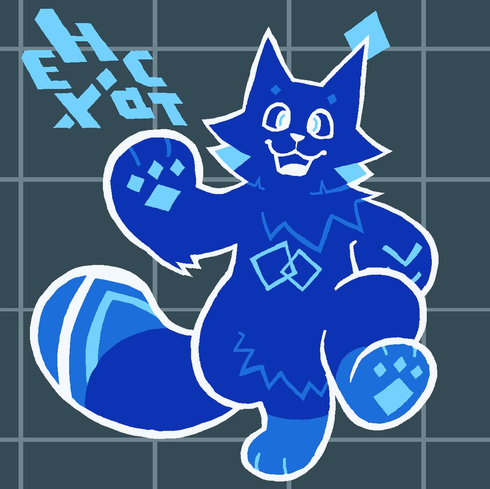 Hexcat, A heavily saturated bright blue cat with white outlines, bright blue diamond shaped paw pads and a bright blue diamond behind their ear, is in a dancing pose, there are desaturated grid lines behind them along with heavily stylised text spelling out their name