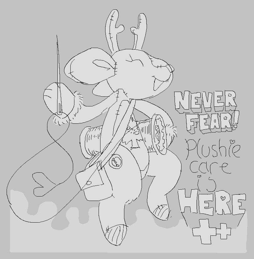 A small deer plushie holding a roll of string under its arm and a threaded sewing needle in the other, there's a small satchel on her shoulder too containing probably anything else she might need to repair a plushie

The deer has visible stitches all over her, an embroidered image of a Christmas pine tree decorating its belly, as well as two big patches of fur around it's wrists,
Its legs appear to be held on with buttons near its thigh