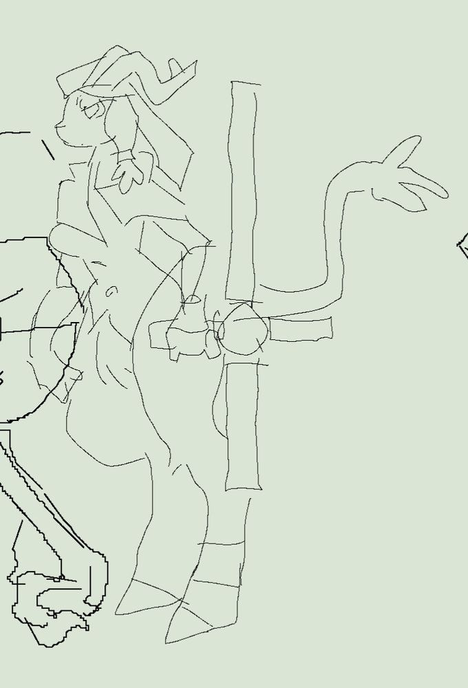 A collection of scribbly lines vaguely resembling a goat woman with large eyebrows and a rather shapely body.