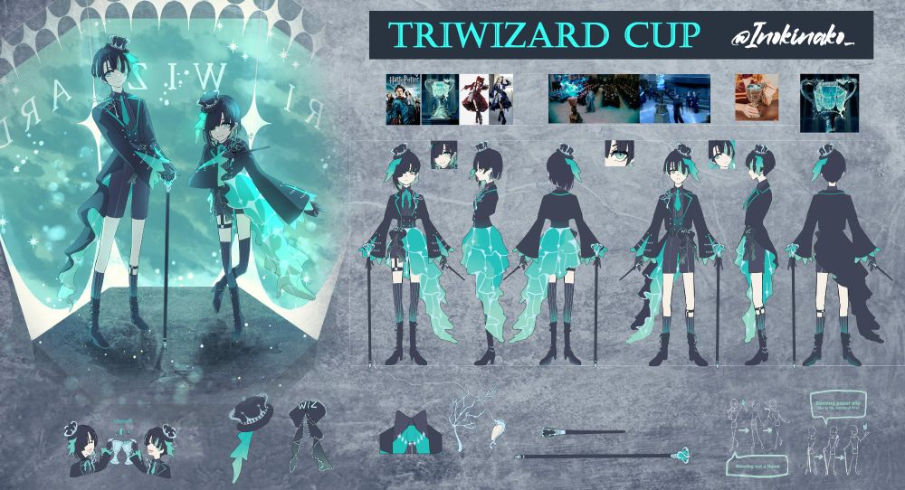 Costume design for Harry Potter: Magic Awakening's competition. A witch and wizard based on the Triwizard cup. They sport gothic, black and turquoise blazers, with all the frills and mini crown-top hats 👑