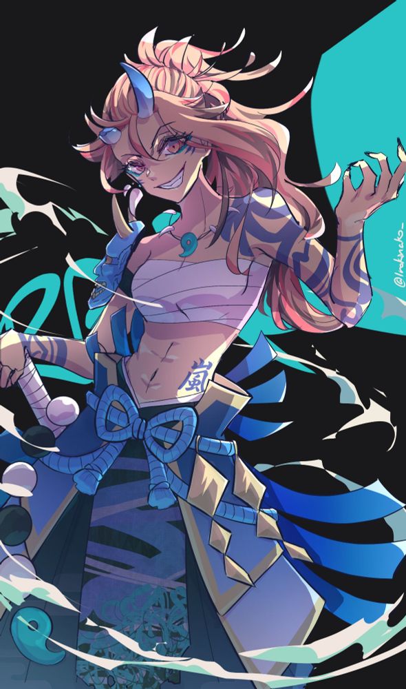 My OC, Ran, as an oni clad in blue armour & horns💙