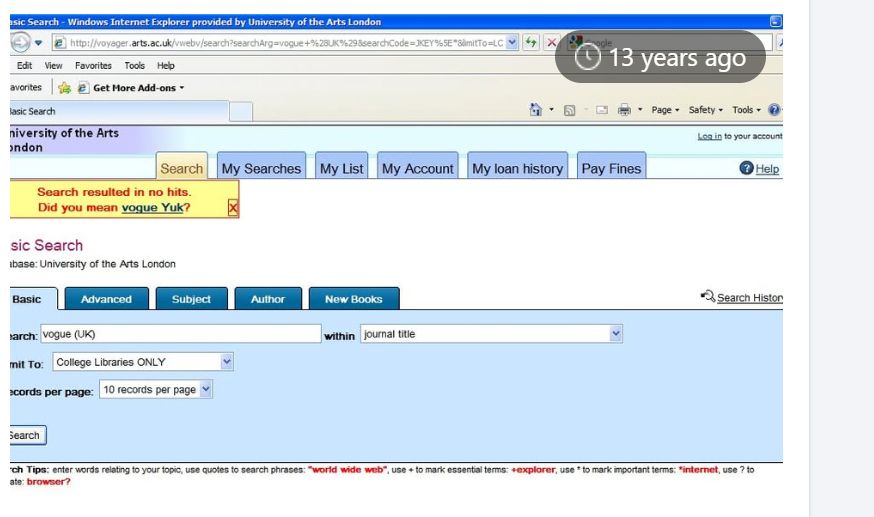 A screen shot of a library catalogue page, with the message search resulted in no hits. did you mean Vogue Yuk.