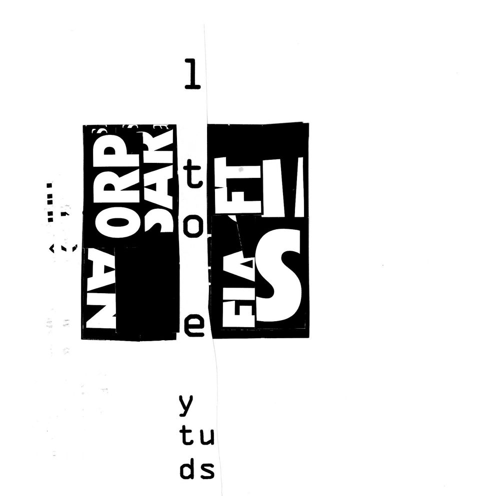 An image of concrete poetry. Black letters are cut up and placed randomly on a white paper to form some sort of abstract image. Both English and Swedish letters are being used. Made by the Swedish artist and poet named Diktgymnasiet. Which in a direct translation means Poetry Highschool.