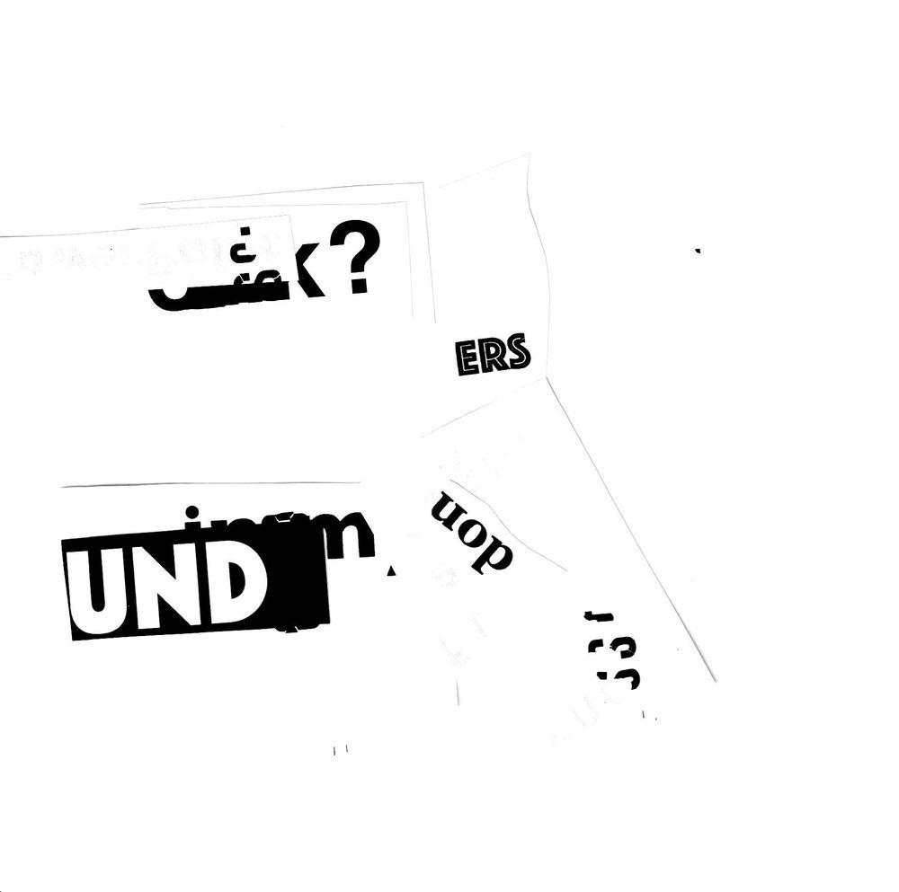 An image of concrete poetry. Black letters are cut up and placed randomly on a white paper to form some sort of abstract image. Both English and Swedish letters are being used. Made by the Swedish artist and poet named Diktgymnasiet. Which in a direct translation means Poetry Highschool.