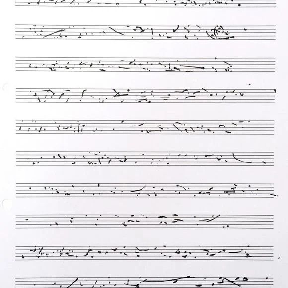 A white page of sheet music with 10 staves, each filled with various abstract, hand-drawn black marks, squiggles, and dots. The marks do not resemble traditional musical notation but instead appear as spontaneous, calligraphic gestures. The lines of the staves are mostly straight, but some show slight warping. The overall impression is one of experimental or graphic notation rather than conventional musical scores.