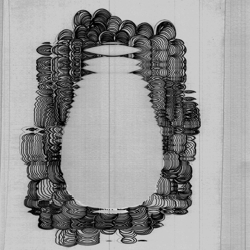 A greyscale image of an ornate, symmetrical frame created with numerous, tightly packed, wavy lines. The lines are arranged in concentric, eye-like shapes and layered patterns that give the impression of a dense, textured fabric. This intricate frame encloses a smooth, oval-shaped central space. The overall effect is a highly detailed and abstract decorative pattern.
