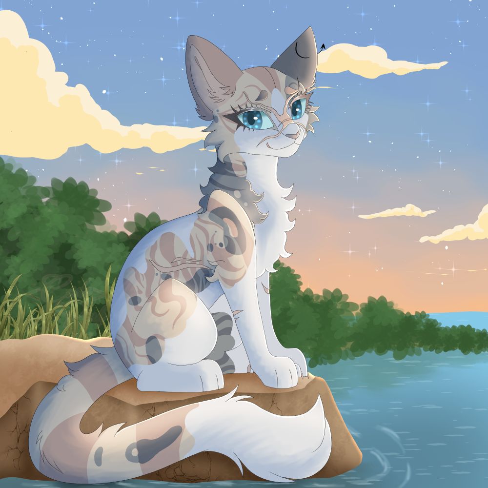 A warrior cat that is white with tan and gray designs throughout her body and ocean blue eyes. She is looking at the camera with a small smile on her face. The sun is a sunset with some bushes and a pond with the cat sitting on a rock. 