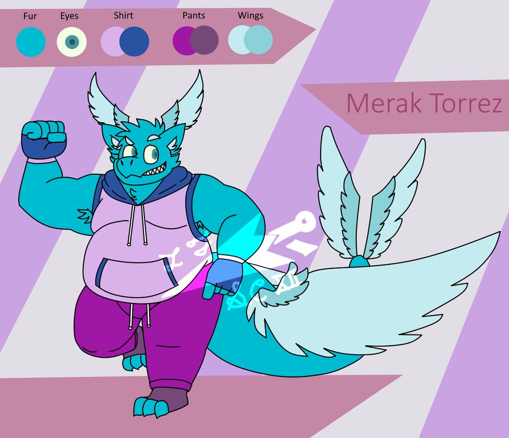 a lighter color of Blue Green Fur, a Hefty Boy with a big tail, blue sleeveless hoodie, the wings are more whiter in color, he also has fingerless gloves