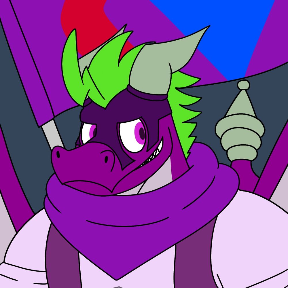A Headshot of a Purple Dragon with Orange Hair which has one the protrudes from the front in the shape of a curved lightning, Tail with a rattle Wings on the side.

His Flag Colored Purple with Red and blue Stripes that has a blue 4 sided diamond in the middle.

He has a Faceplate on his face, wearing a Purple Piece of cloth he can use to cover his head in case the sun is too strong, A White-Purple Shirt with a Vest.