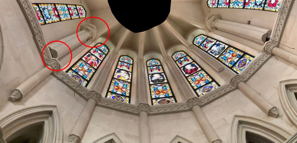 Panorama of the apse from the video, the awkward transition from straight bay to canted circled on the left. It also happens on the opposite side of course, where for some reason a wire is dangling out.