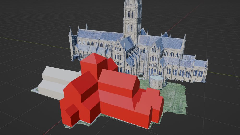 Same view with Bishop Roger's extension shown in red. It doubled the length of the church, adding a square ambulatory with three eastern chapels, moved the site of the crossing, adding double-aisled transepts with a south porch. The intention would have been to replace the nave which was thwarted by King Stephen's confisciation of his estates in 1139 quickly followed by his death.