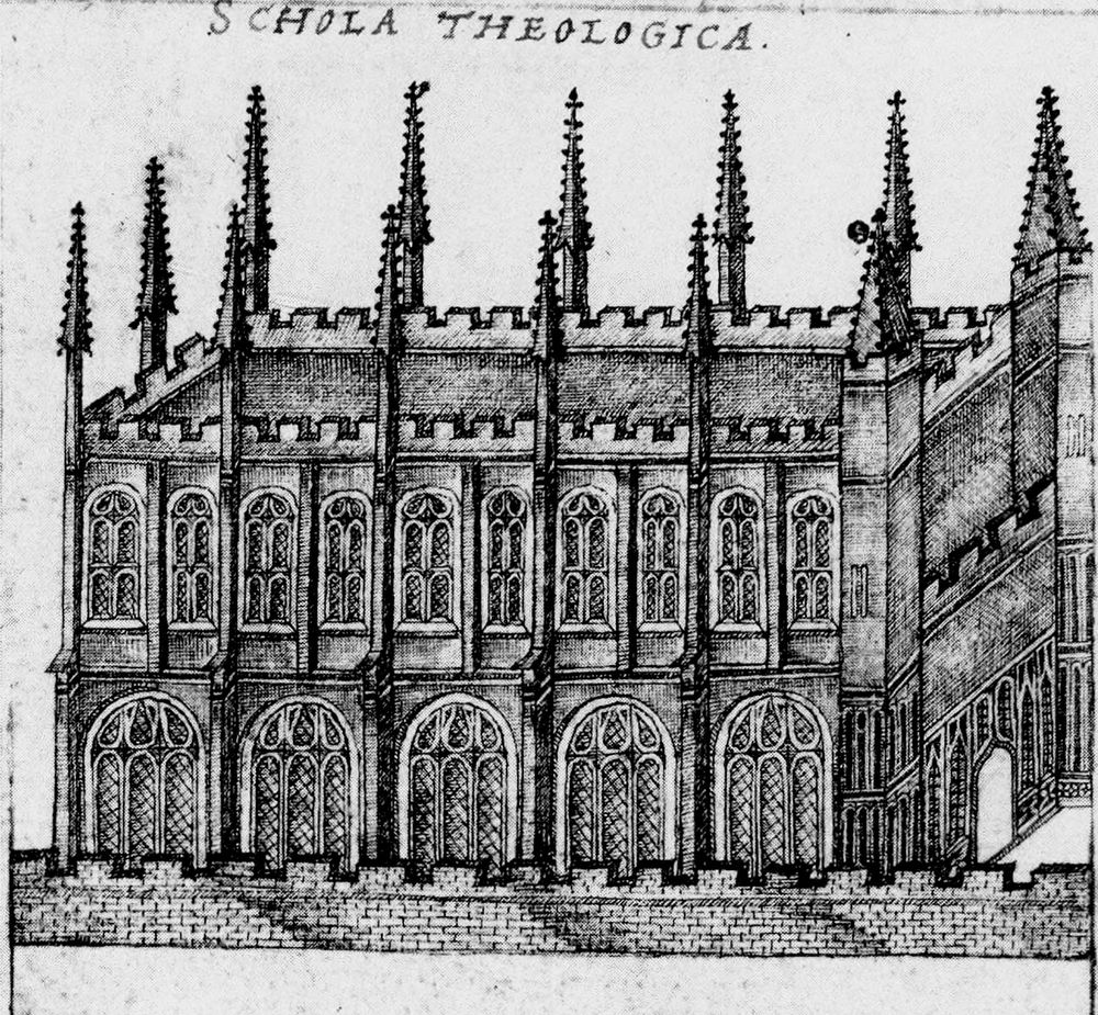 The Divinity School and Duke Humfrey’s Library in 1566, from NW (atop the city wall). By John Bereblock.
MS Bodley 13, fol. 16v
