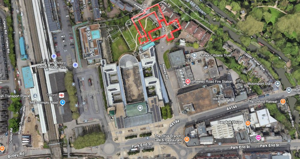 Church and cloister superimposed over G-Earth view of Oxford Railway Station environs, with trenches and other data over in white.