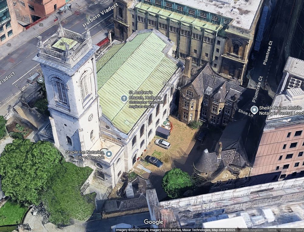 The church in the incident, St Andrew Holborn, near Holborn, white portland stone aisled church, copper-roofed in one, with west tower. The tower is partly medieval, but refaced by Wren in his rebuilding of 1703-4. To south, Vicarage of 1868-71 by S.S. Teulon, yellow stock brick with two-storey bay windows.