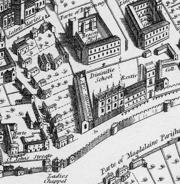 1578 Agas Map (1823 engraving copy), showing largely freestanding Divinity School abutting Exeter College and the various plots that occupied the later site of the Camera.