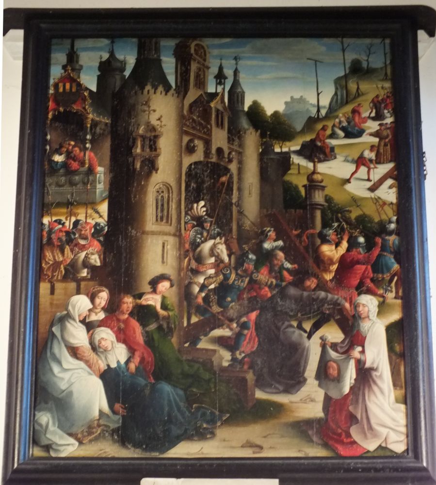 Painting over the chancel arch. Way to Calvary with St Veronica and large depiction of the gate of Jerusalem. Low Countries, early 16thc, circle of Bernard van Orley.